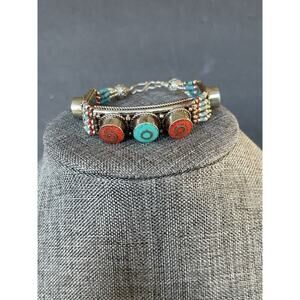 Tibetan Silver Nepal Handcrafted Turquoise Coral Bracelet Inlaid Artisan New